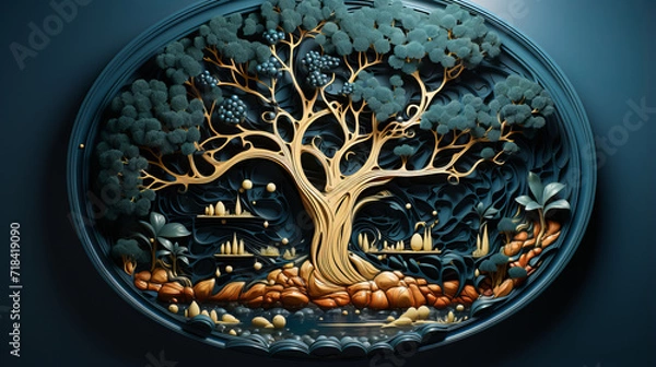 Obraz Vintage-inspired Vector Design: Illustration of a Beautifully Crafted Food Plate with Bowl, Water, and Flower Accent, generative AI