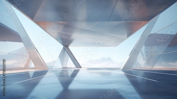Fototapeta d render of abstract futuristic glass architecture with empty concrete floor  AI generated