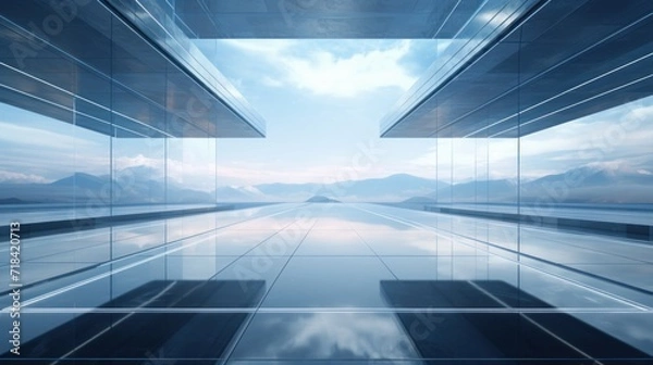 Obraz d render of abstract futuristic glass architecture with empty concrete floor  AI generated