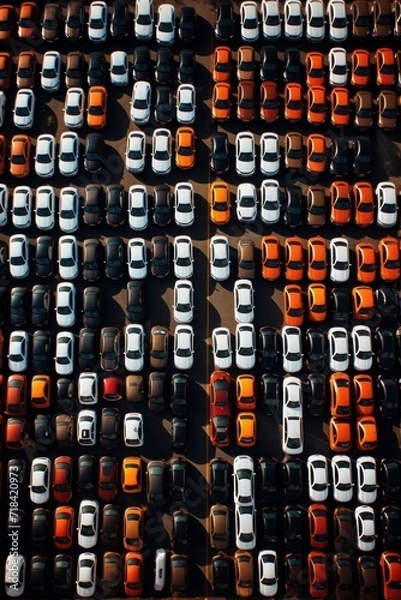 Fototapeta A birds eye view of a dealership packed with shiny new cars from various manufacturers in a sale event  AI generated