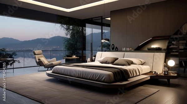Fototapeta A modern bedroom with a floating bed design  AI generated