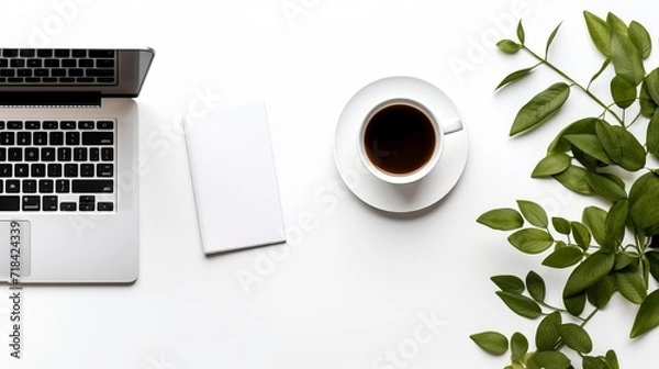 Fototapeta A modern minimalist flat lay with an open laptop and a cup of coffee  AI generated