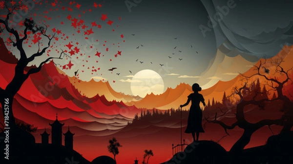 Obraz Enchanting Silhouettes: Celestial Vistas and Emotive Expressions in Vector Illustrations, generative AI