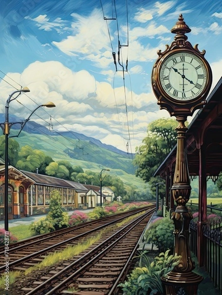 Fototapeta Vintage Railway Station Clocks: Charming Countryside Art of a Rural Station