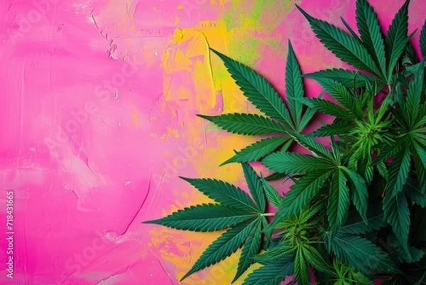 Fototapeta vibrant cannabis vibes flat lay banner, generative AI