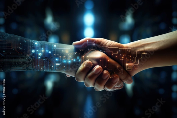 Fototapeta Pixelated hands reaching out from screens to shake in a virtual handshake, symbolizing online collaboration and connection. Concept of virtual partnerships. Generative Ai.
