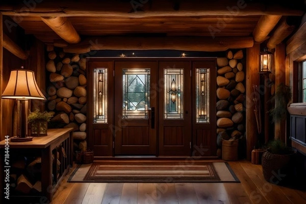Fototapeta A lodge-inspired grand entryway with a log cabin door, river rock accents, and an antique lantern casting a warm glow