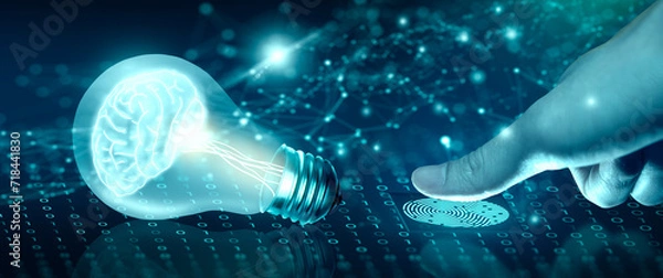 Obraz Protect intellectual property with Biometric security. Converging point of light bulb with glowing human brain inside. Intellectual property protection or Patent idea protection Concept. 3D Rendering.
