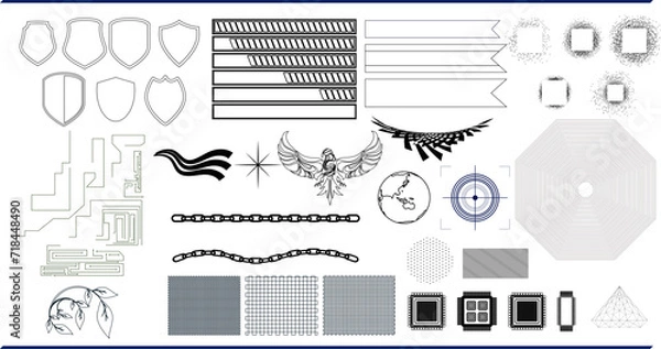 Fototapeta サイバーパンク・デジタル・テクノロジーの線画デザインセット