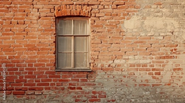 Fototapeta An old window and texture of brick wall. Image of an old industrial grid window with mullion and muntin on ruined factory building and worn brickwall.