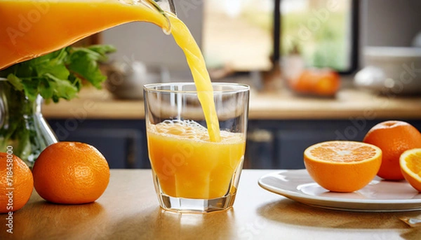 Fototapeta Pouring fresh orange juice into a glass with fresh fruits in background
