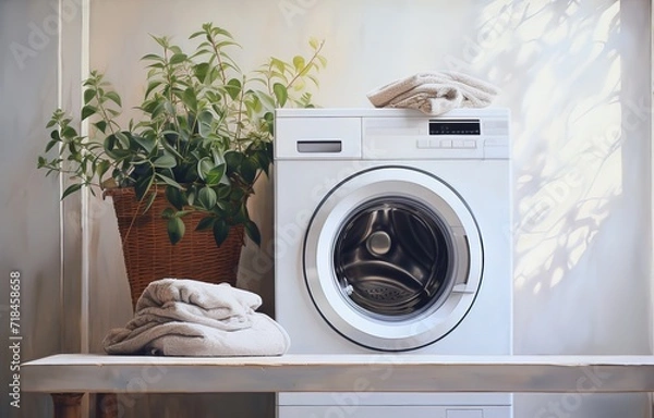 Fototapeta A washing machine stands next to a pile of dirty clothes. generative AI