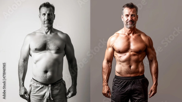 Fototapeta Awesome Before and After Weight Loss fitness Transformation. The man was fat but became athlete. Fat to fit concept.