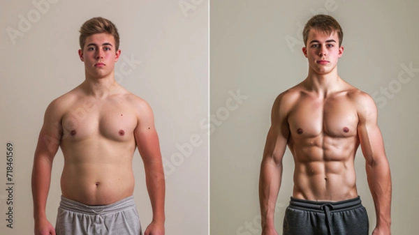 Fototapeta Awesome Before and After Weight Loss fitness Transformation. The man was fat but became athlete. Fat to fit concept.