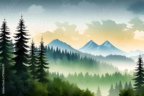 Fototapeta Watercolour in landscape: mountain scenery in the woods in fog, isolated watercolour illustrations generative ai
