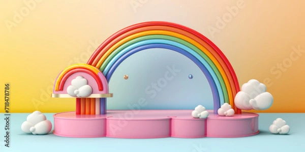 Obraz  baby product display podium banner with cute rainbow