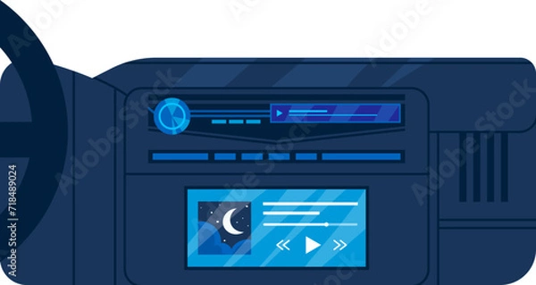 Fototapeta Blue futuristic car dashboard with navigation screen and indicators. Modern vehicle interior display with night view. Technology in transport vector illustration.