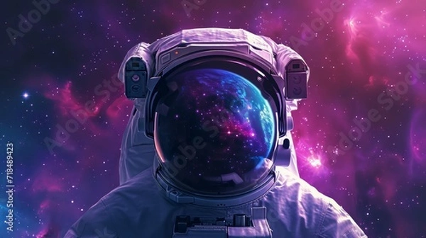 Obraz Astronaut in space with stars, a galaxy, a purple and blue nebula, and galaxies reflected in his helmet