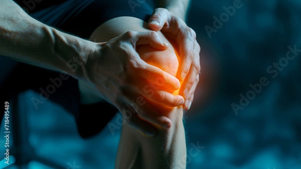 Fototapeta Joint pain, Arthritis and tendon problems. a man touching nee at pain point, on dark background