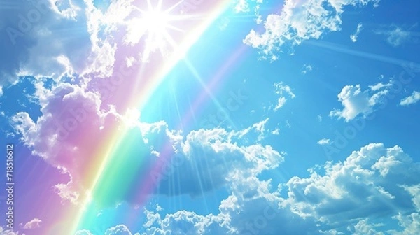 Fototapeta A colorful rainbow is shining brilliantly in the blue sky