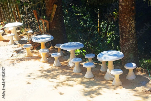 Obraz Cement table sets form mushroom pattern in garden on hill