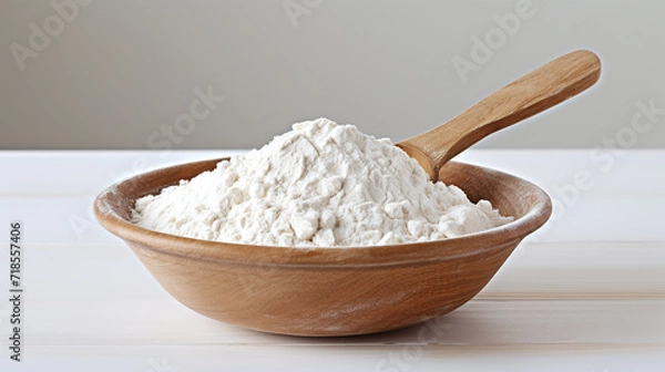 Fototapeta A heap of flour in a bowl on a table.