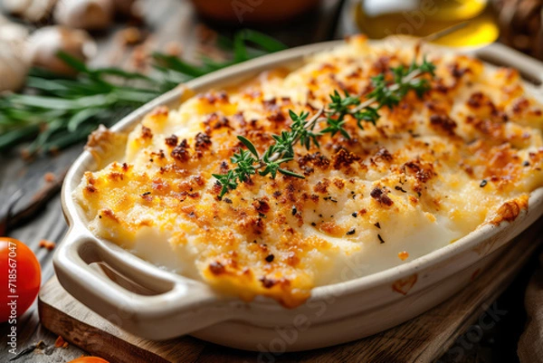 Obraz Baked fish with vegetables and cream sauce under cheese sauce in iron plate