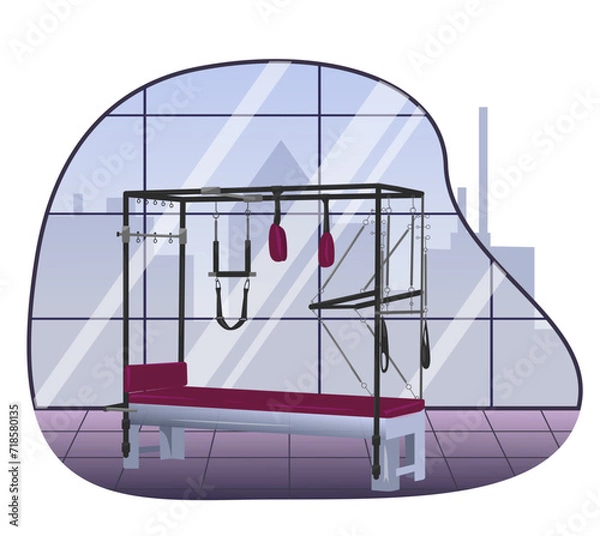 Fototapeta Conceptual gym. Trapezoidal table - Pilates simulator. In the background there are tall windows, through which one can see the city, the metropolis. Flowerpot with flowers. Vector illustration