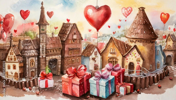 Fototapeta ハートとチョコレートの町,Generative AI AI画像