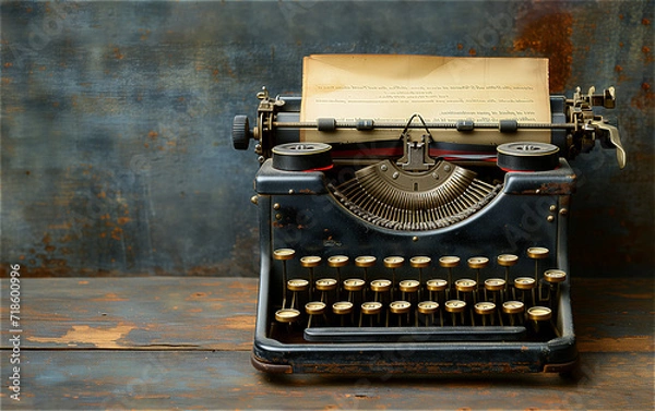 Fototapeta Typewriter against a concrete wall background, standing on a wooden table, with copy space. High quality photo