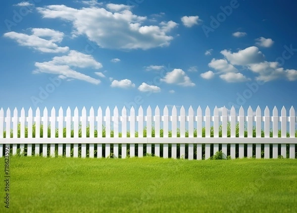 Obraz A white fence with blue sky and green grass. generative AI