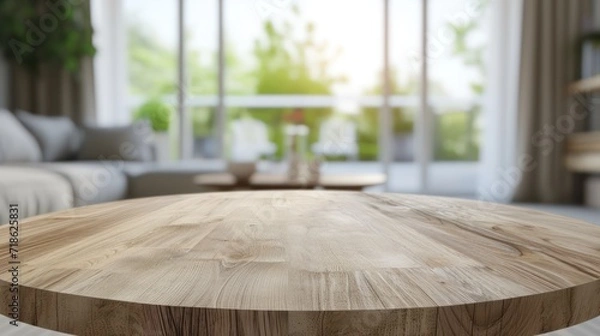 Fototapeta Empty wooden table and blurred background of living room interior. For product display
