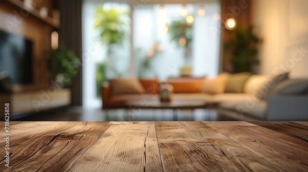 Fototapeta Empty wooden table and blurred background of modern living room interior. For product display