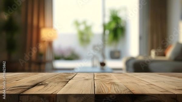 Fototapeta Empty wooden table and modern living room interior background, product display montage
