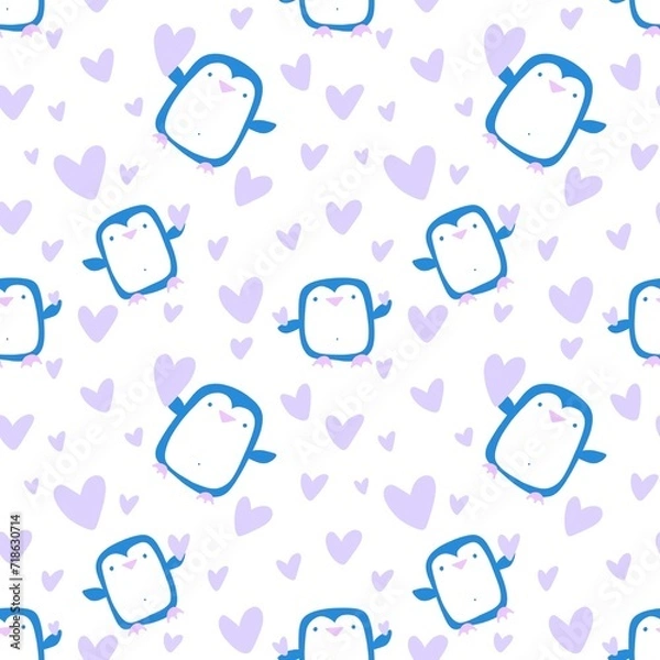 Fototapeta Valentines hearts seamless penguin and love pattern for wrapping paper and fabrics and linens and kids clothes