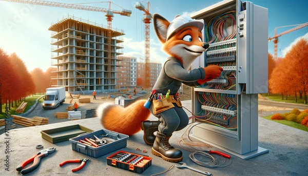 Obraz The Clever Fox as Electrician Sparking Innovation at the Construction Site