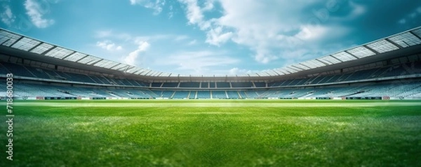 Obraz Football stadium with green grass and blue sky. generative Ai