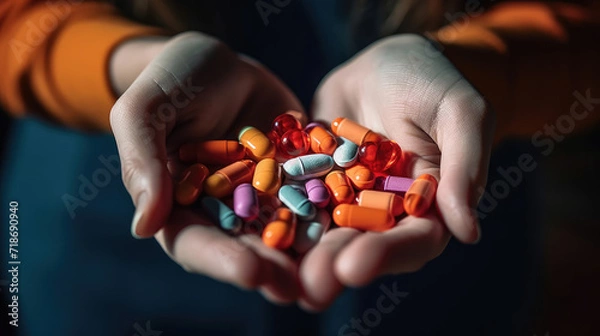 Fototapeta Close - up photo of Woman's hands holding different pills
