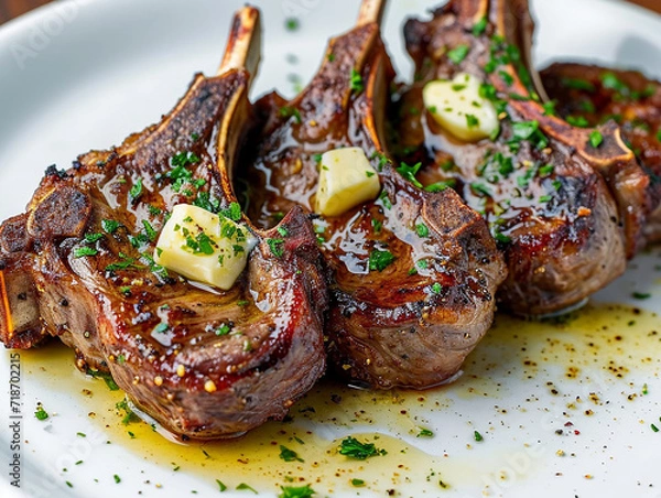 Fototapeta Lamb chops with butter and whiskey.