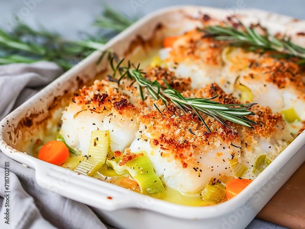 Fototapeta Cod gratin with leeks and carrots.