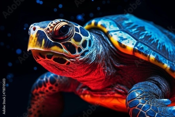 Fototapeta Vibrant glowing turtle shines in the dark, a captivating display of radiant colors against a black backdrop.