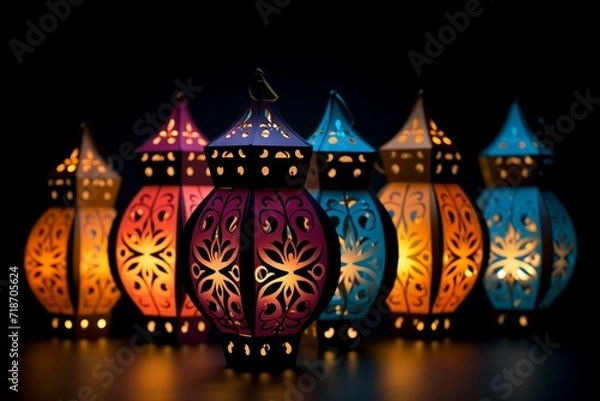 Fototapeta Glowing paper lanterns illuminate the night in a burst of vibrant colors against a dark backdrop.