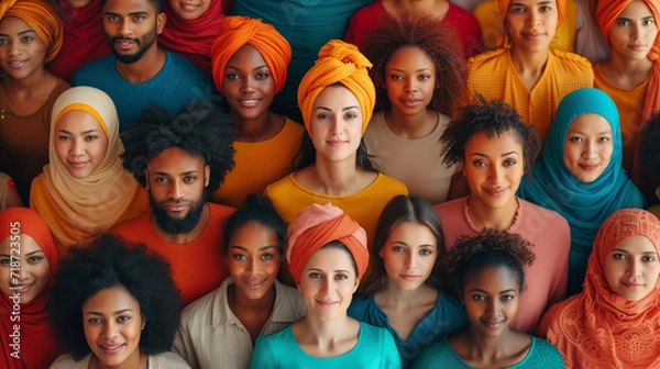 Fototapeta Different nationalities, different types of people, equal rights concept. High angle shot