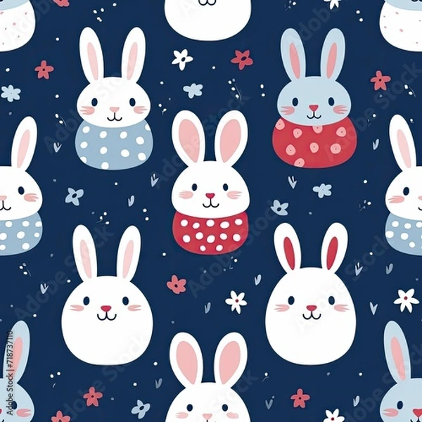 Fototapeta Bunch of Bunnies on Blue Background Seamless Pattern