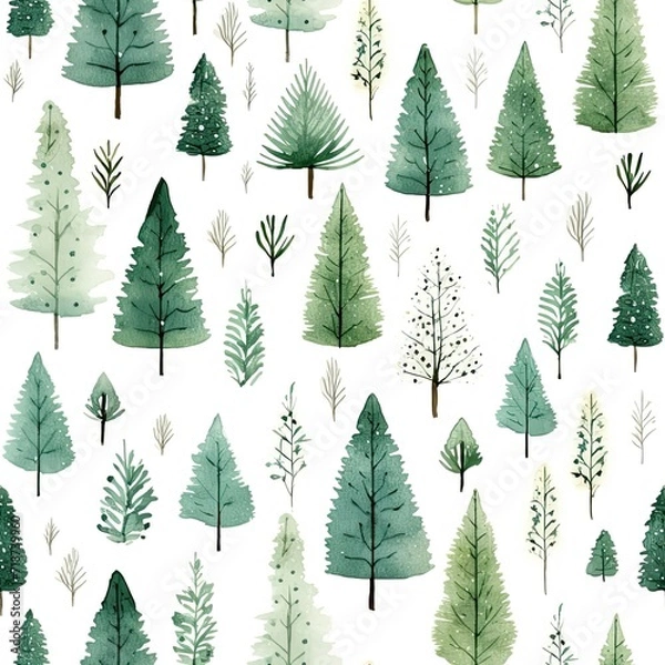 Fototapeta Watercolor Christmas Tree Pattern on White Background