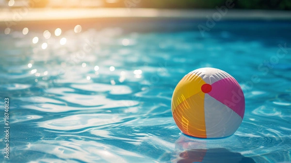 Obraz Summer holidays background with colorful beach ball floating on luxury swimming pool and copy space