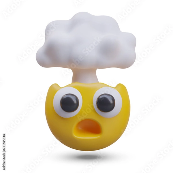 Fototapeta Brain explosion, huge surprise. Yellow 3D smiley with steam coming from his head. Brain boiled. Vector face with open mouth and staring eyes. Funny web design