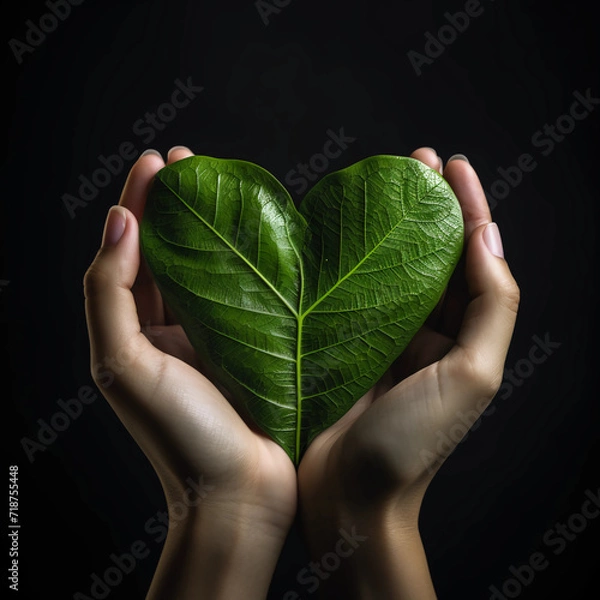 Fototapeta Hands holding a heart shape green leaf. Care for the environment ecology, save the world, Green Energy and love nature, Generative AI.