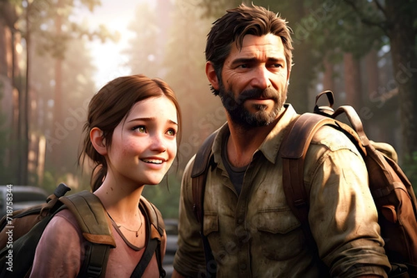 Obraz Joel and Ellie from "The Last of Us" Sharing a Laughter - Generated by AI.