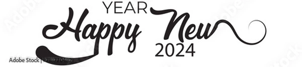 Fototapeta HAPPY NEW YEAR 2024 black vector brush calligraphy banner with swashes on white background